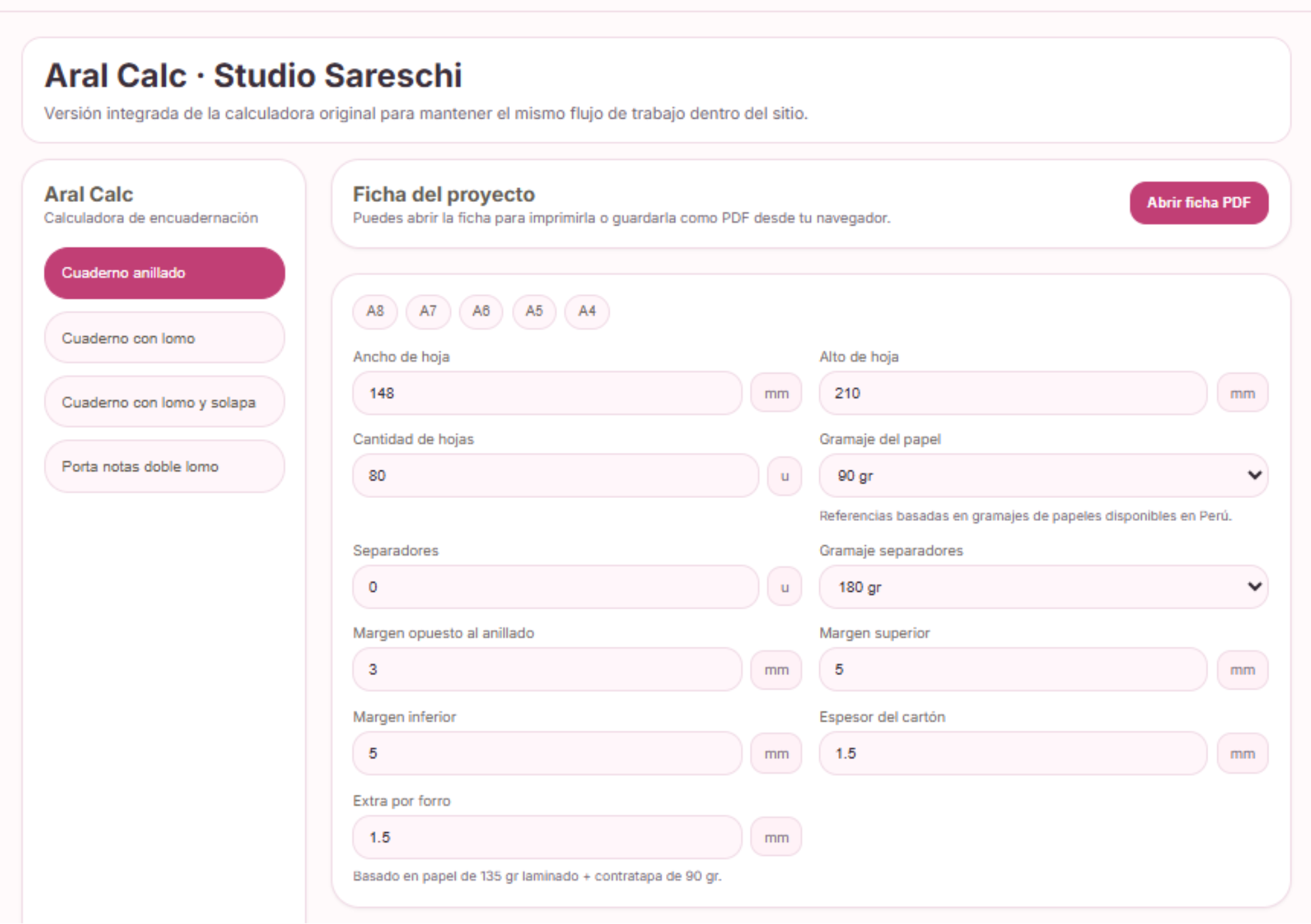 Captura principal de la interfaz de Aral Calc con panel de configuración