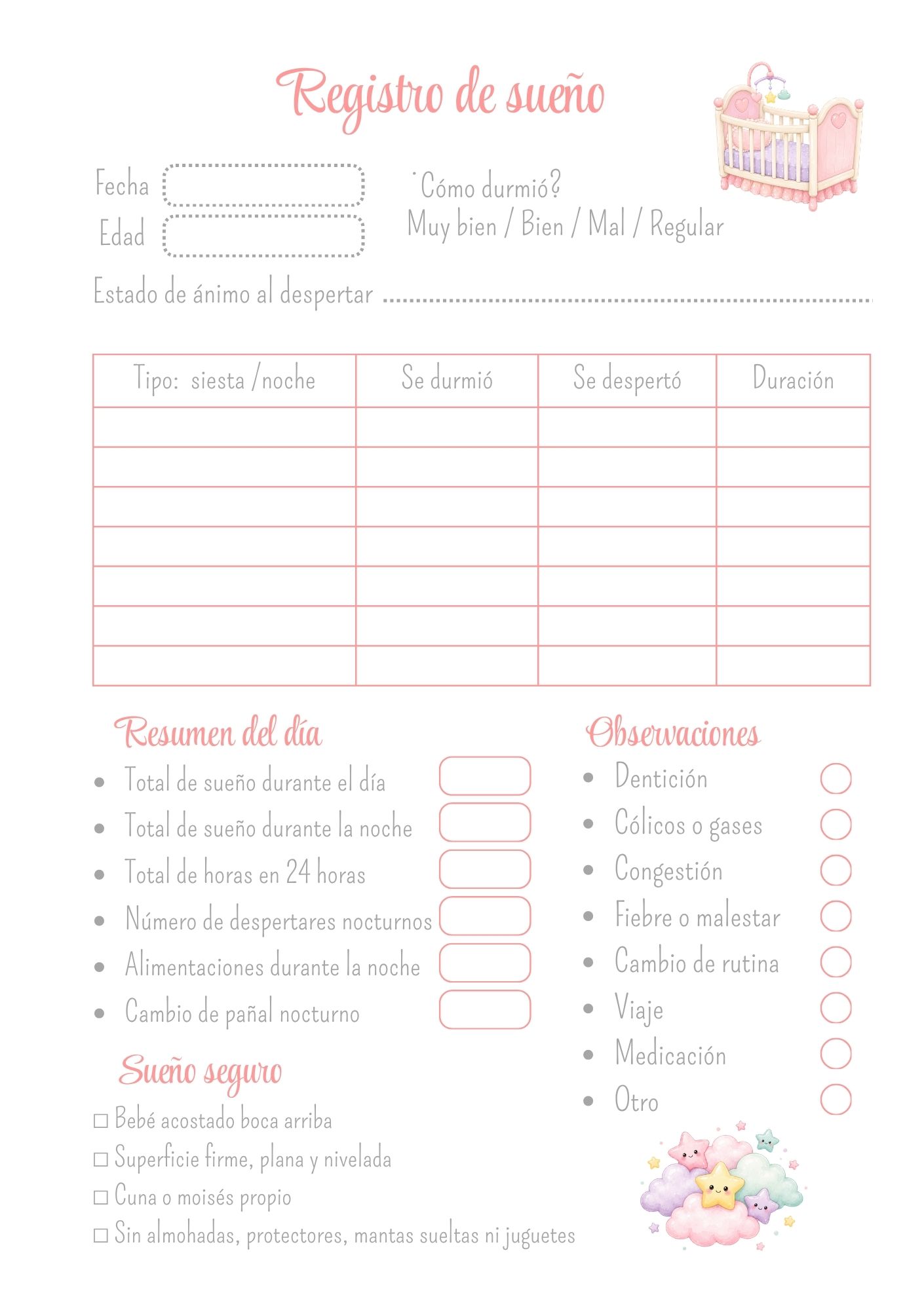 Plantilla de registro de sueño para agenda pediátrica